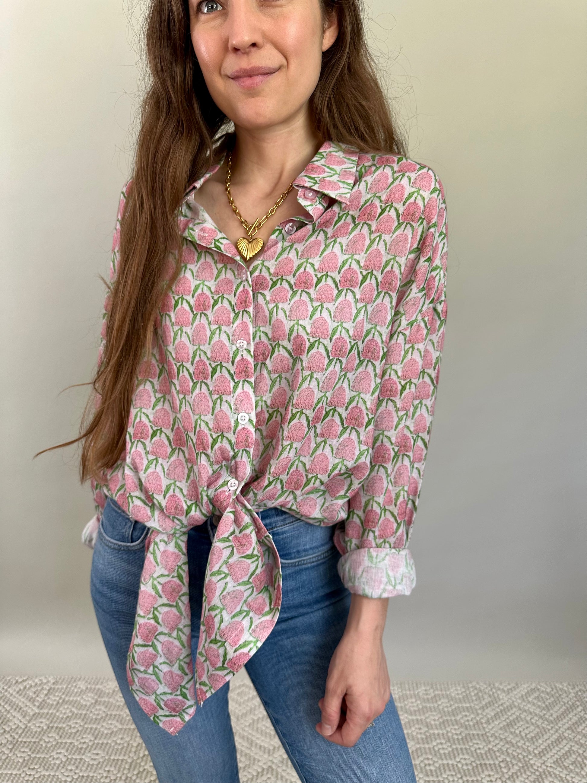 Heritage Floral Stamp Button-Up Shirt Block Print