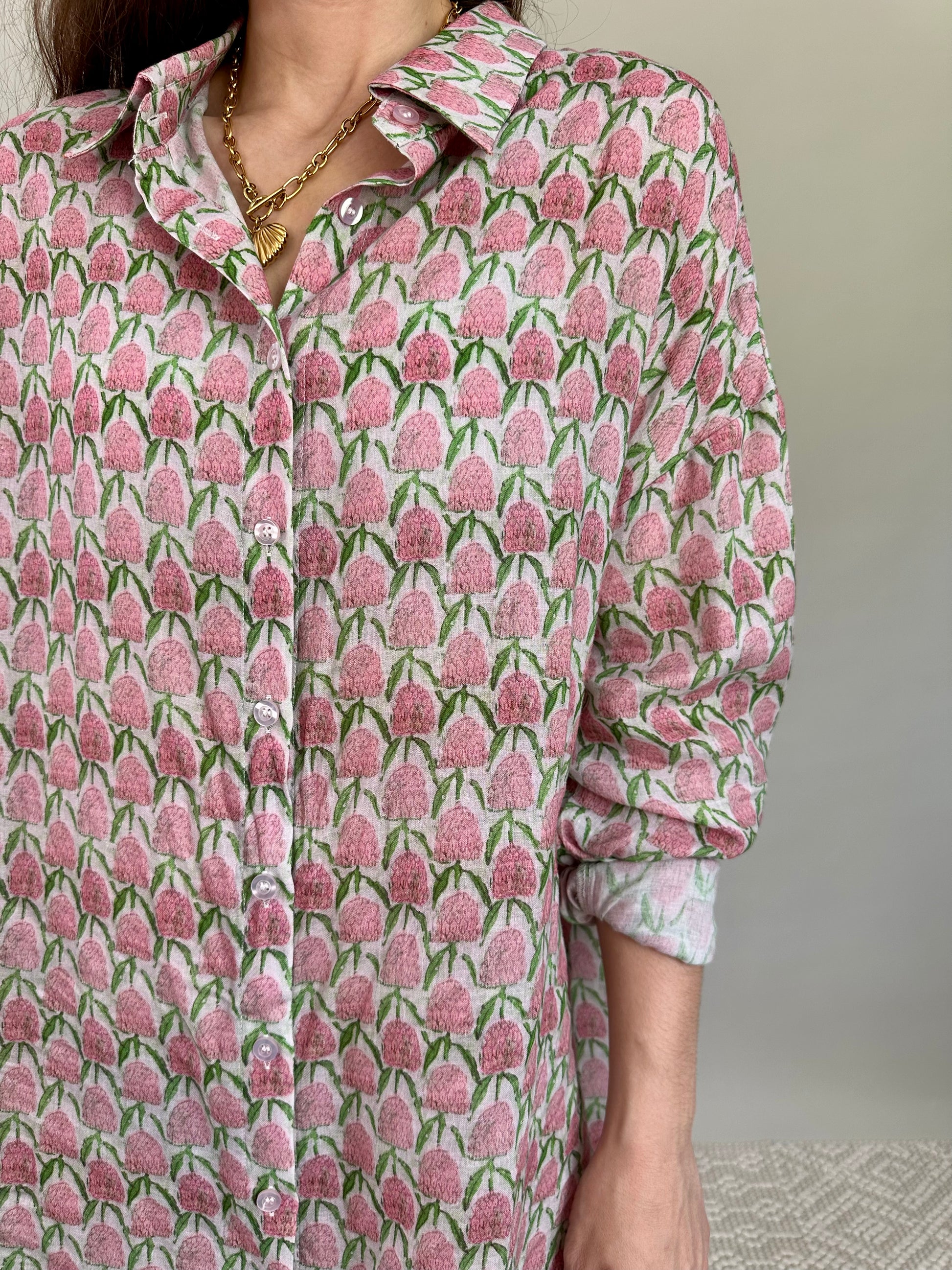 Heritage Floral Stamp Button-Up Shirt Block Print