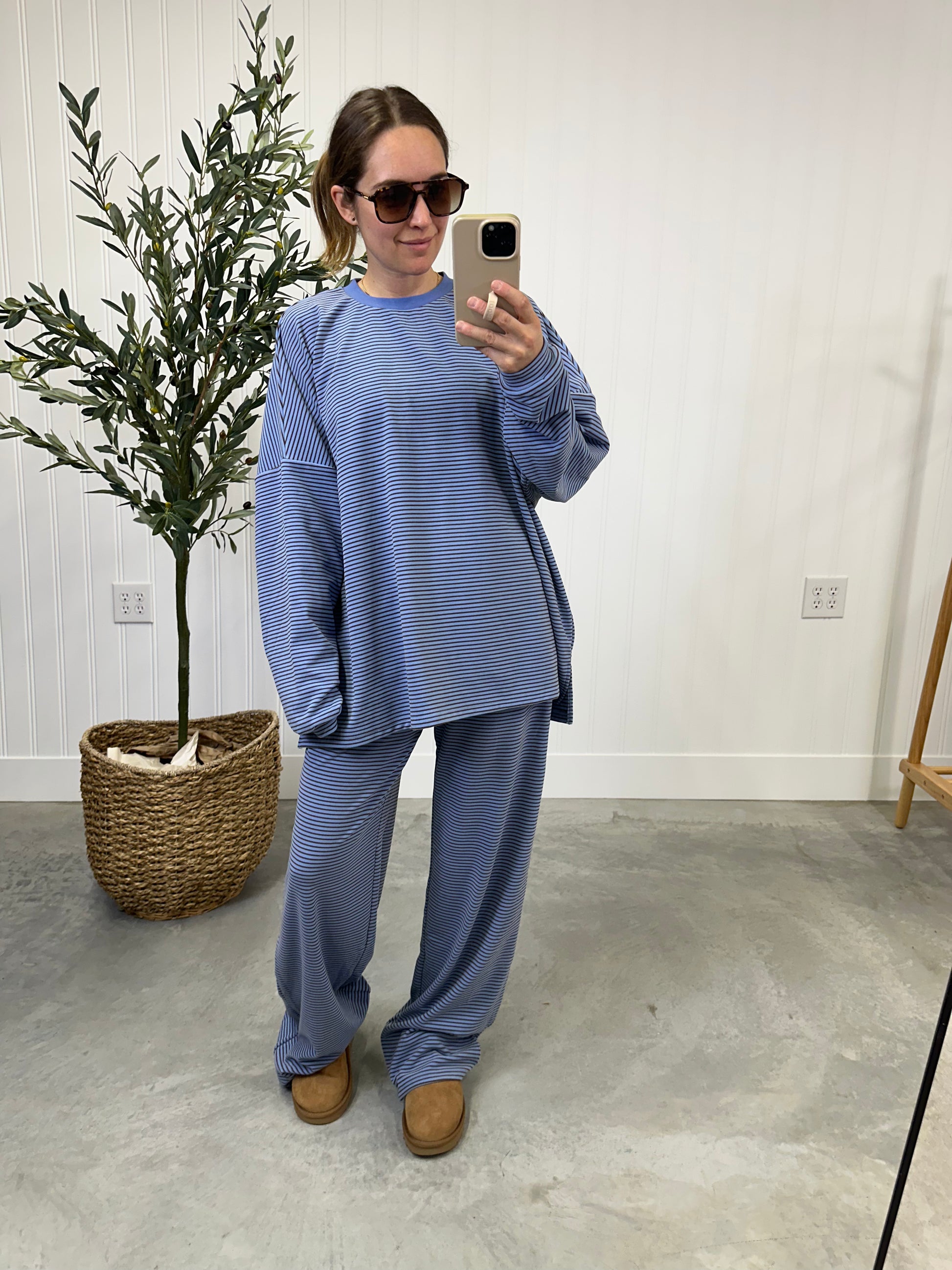 Brown and blue striped top matching set