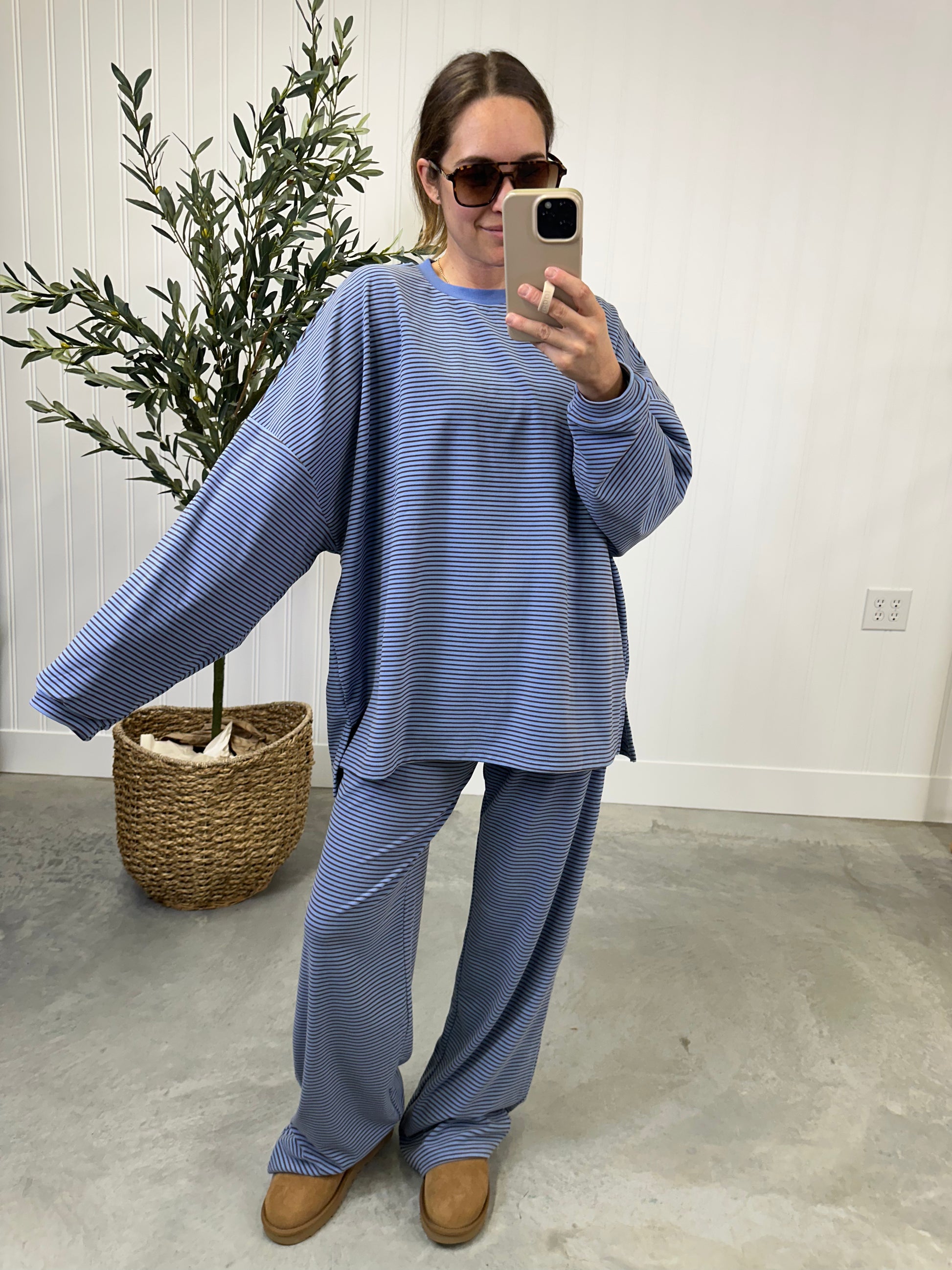 Brown and blue striped top matching set