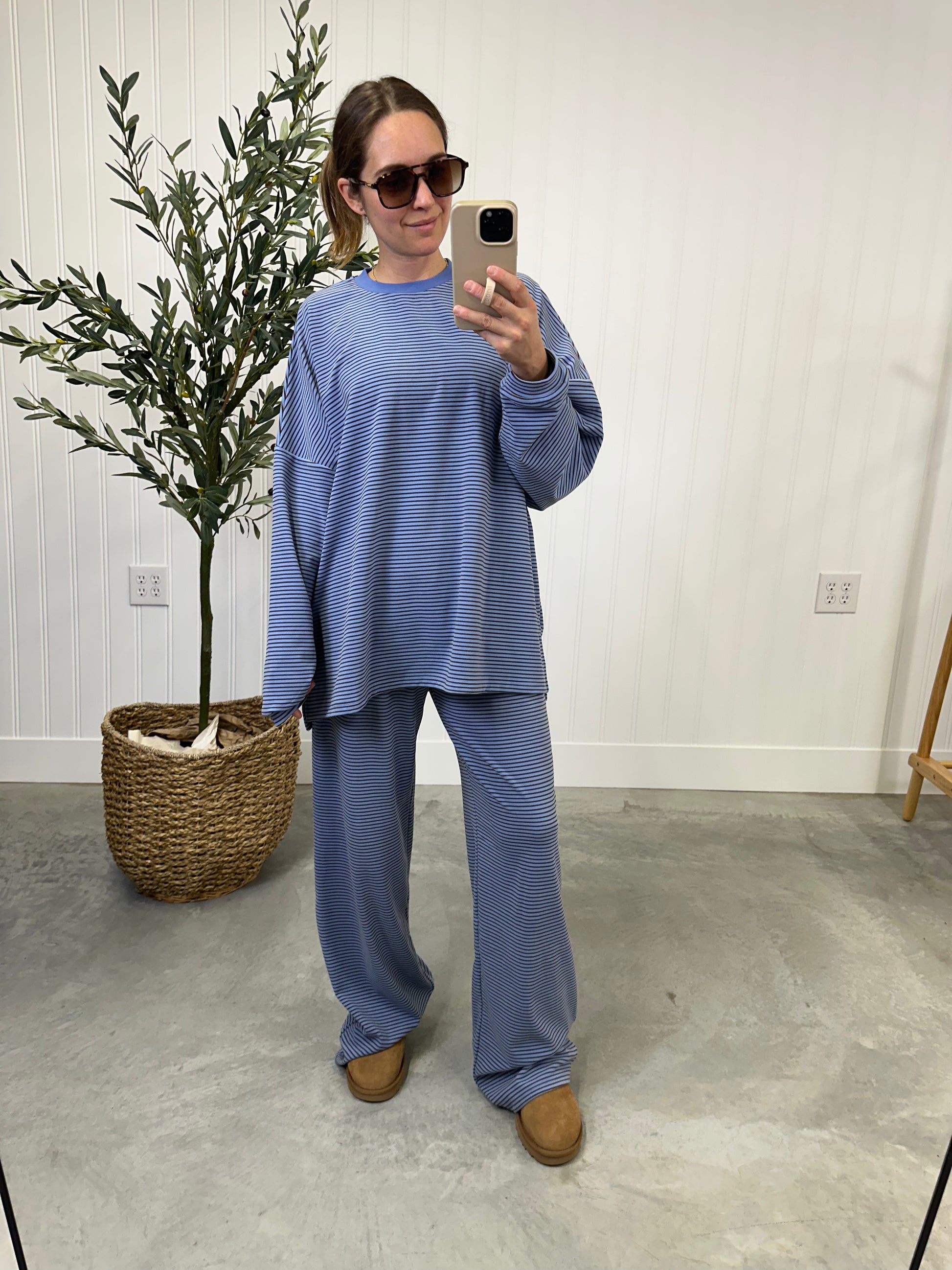 Brown and blue striped elastic waistband bottoms with matching set