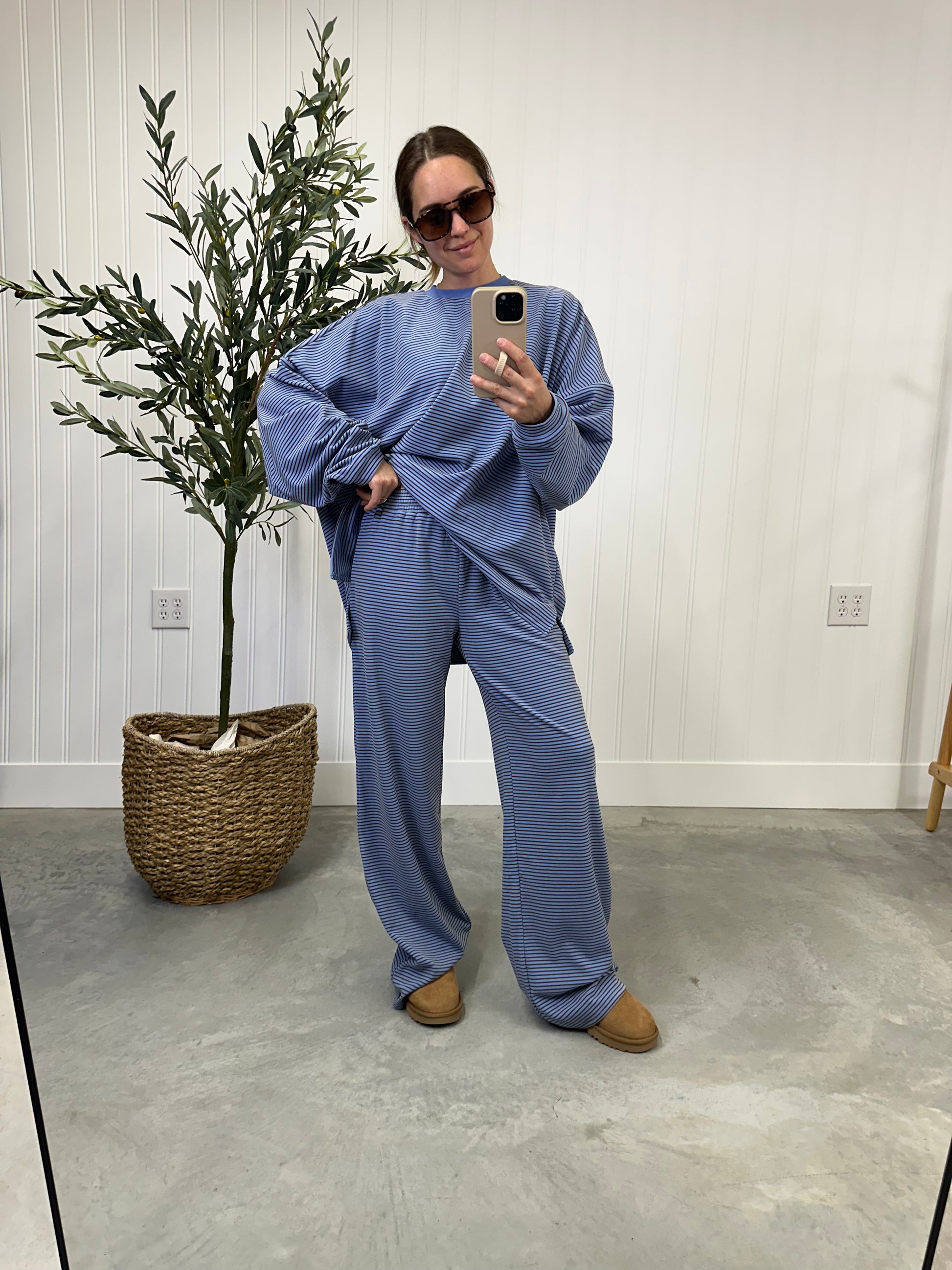 Brown and blue striped elastic waistband bottoms with matching set