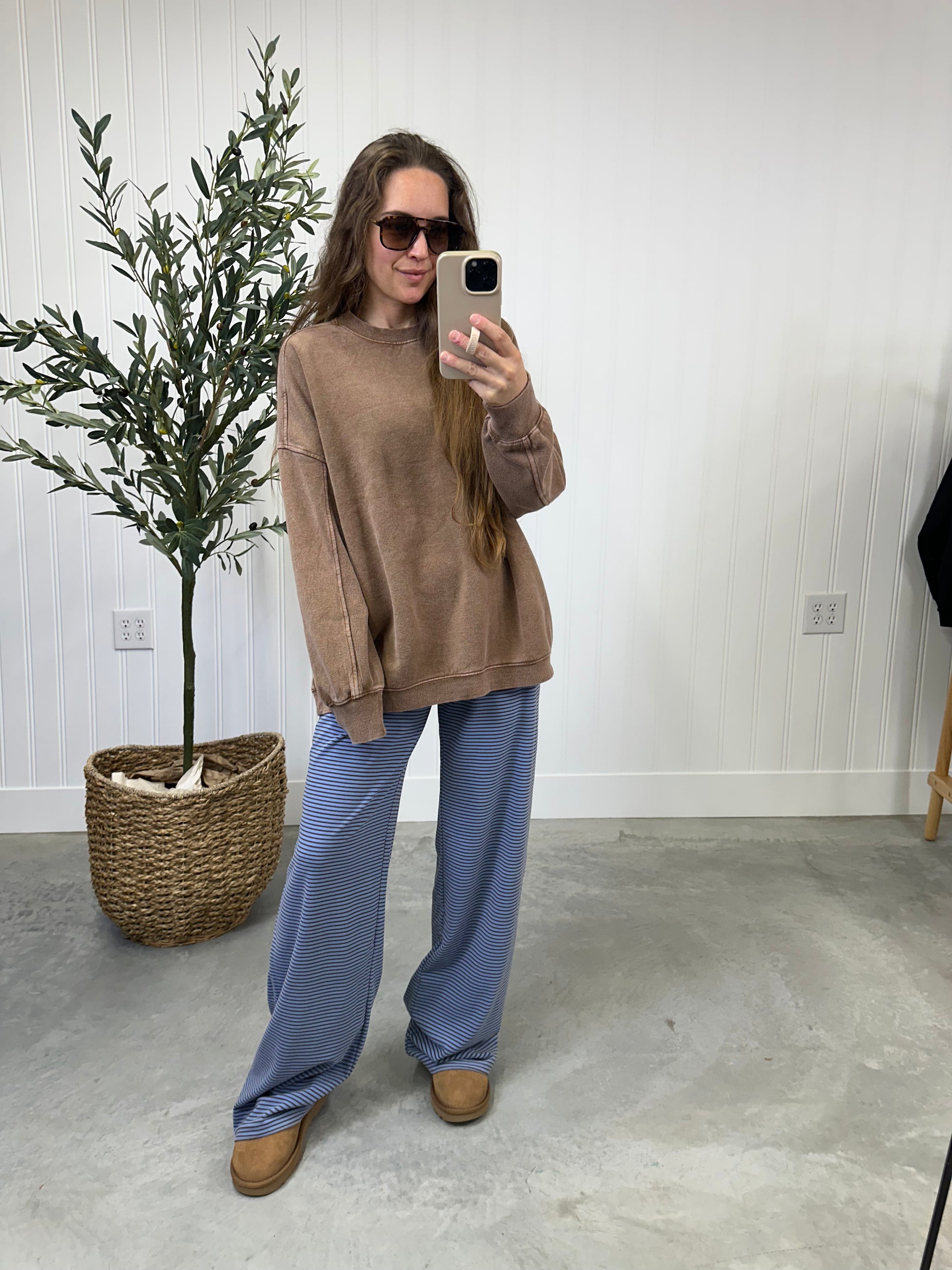 Brown and blue striped elastic waistband bottoms with matching set