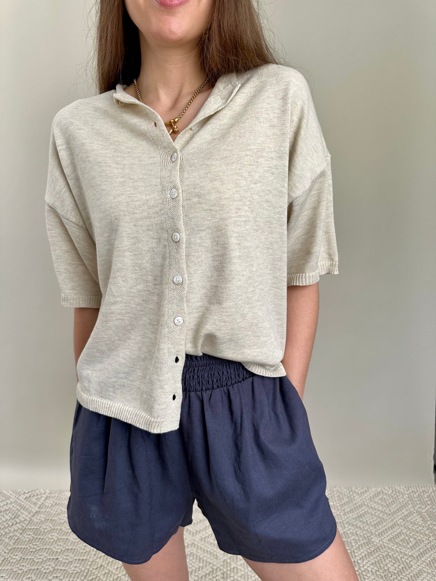 Oatmeal Rolled Neckline Cardigan