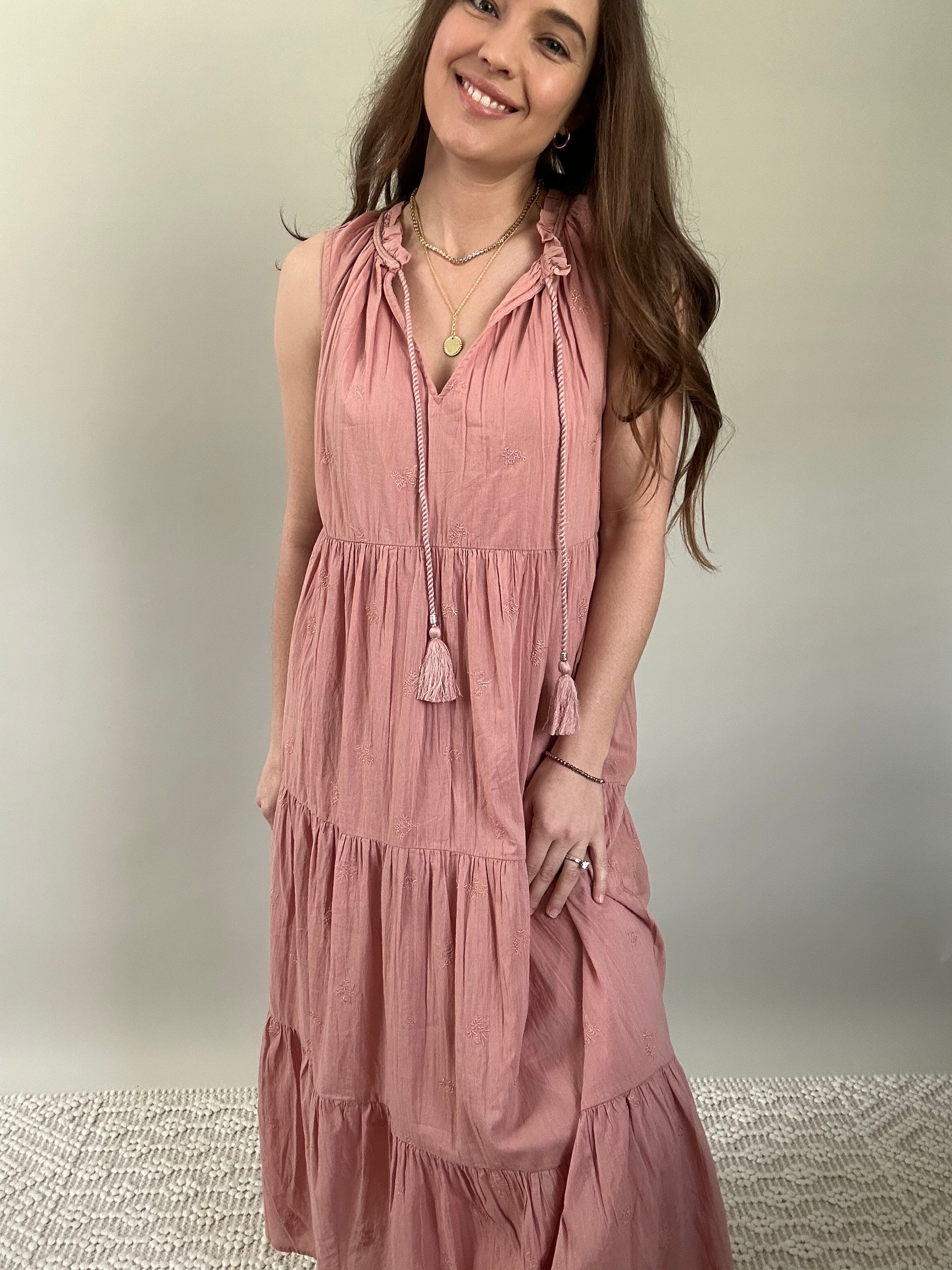Lucy Embroidered Dress in dusty rose, dusty pink