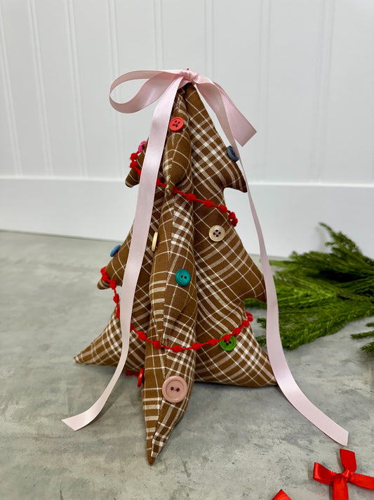 Vintage Fabric Christmas Tree - Brown Plaid & Red Garland