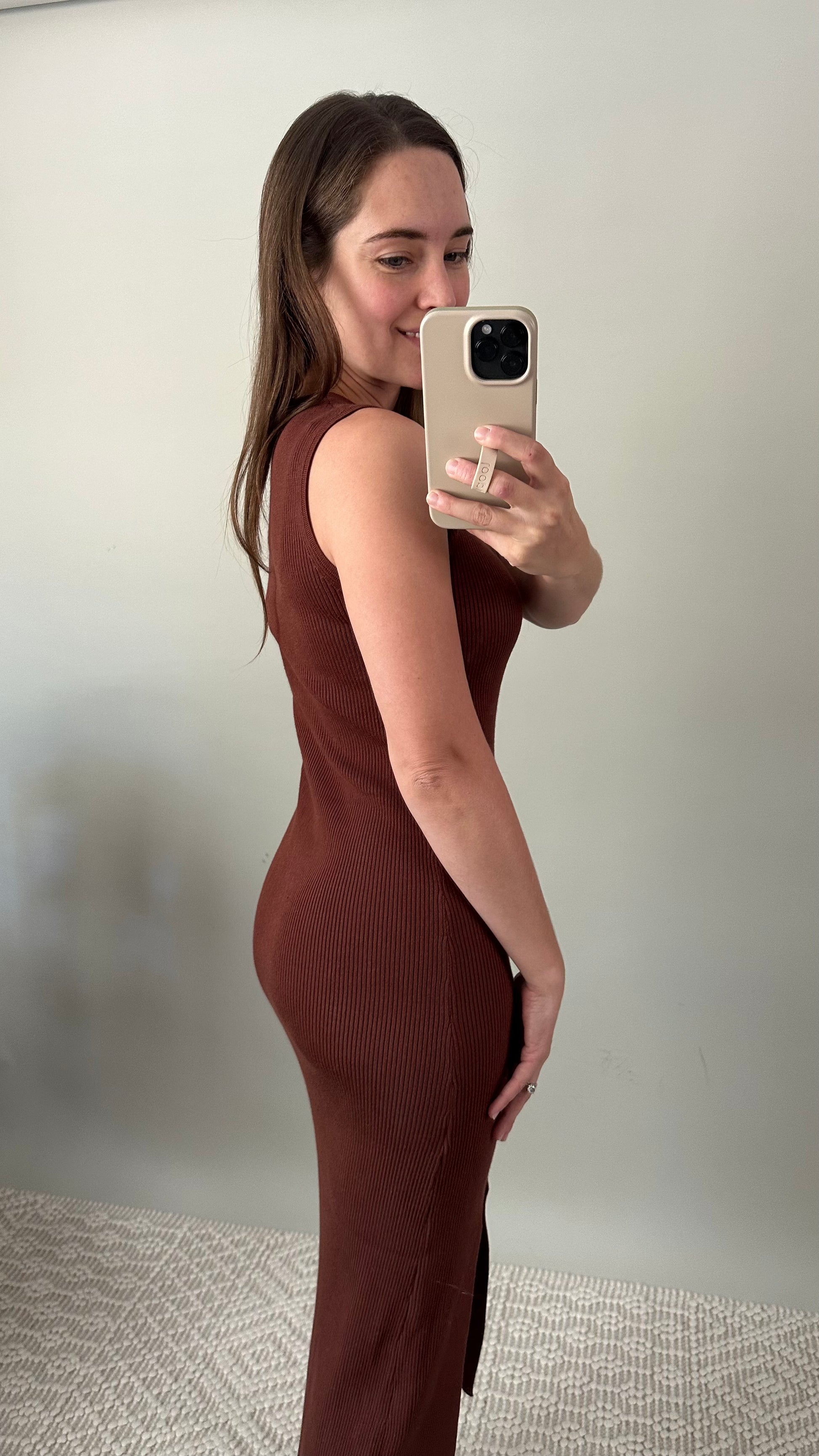 Ribbed Cognac rust bodycon dress with front slit. 