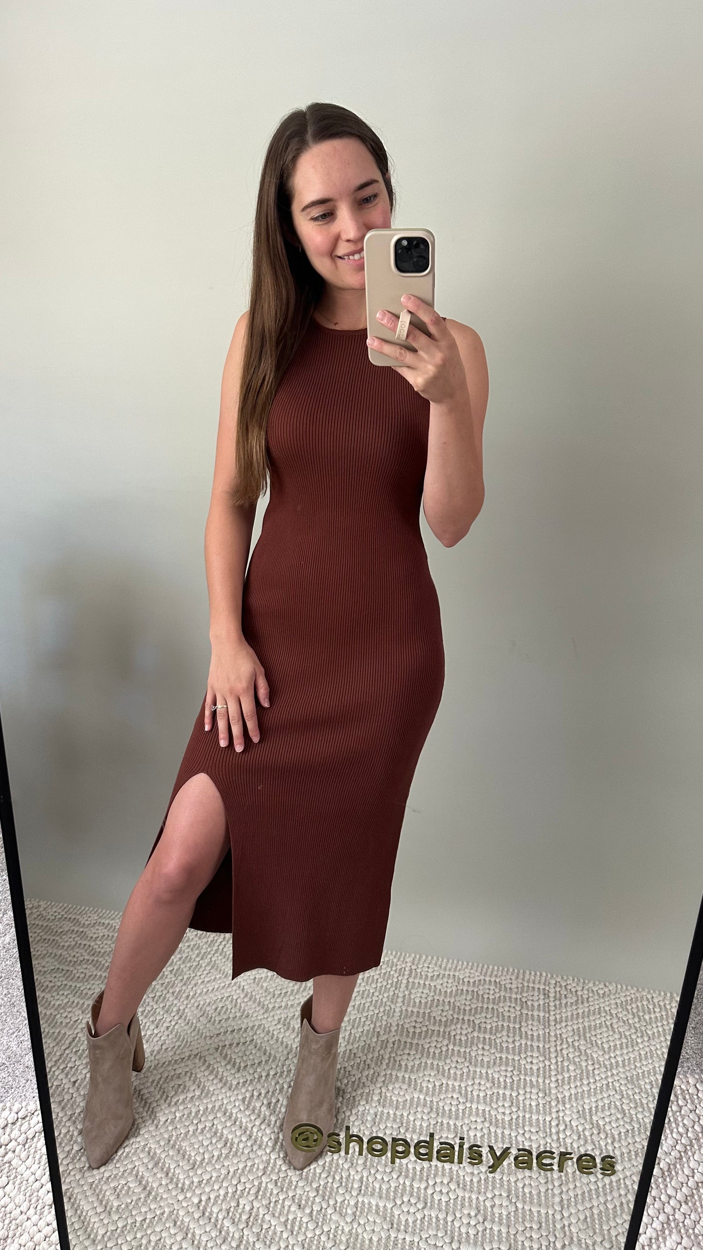 Ribbed Cognac rust bodycon dress with front slit. 
