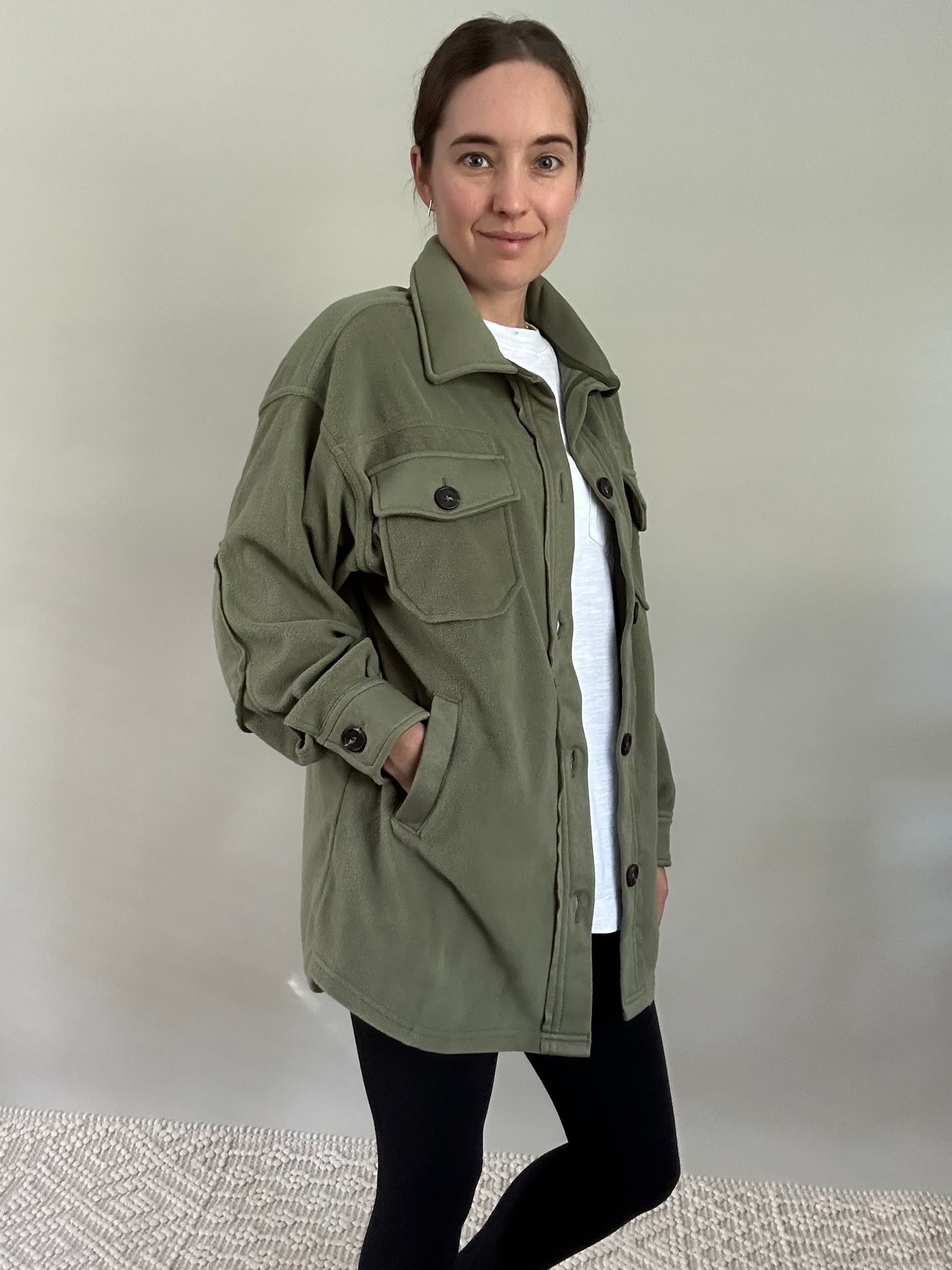 Olive Fleece Shacket with exposed seams