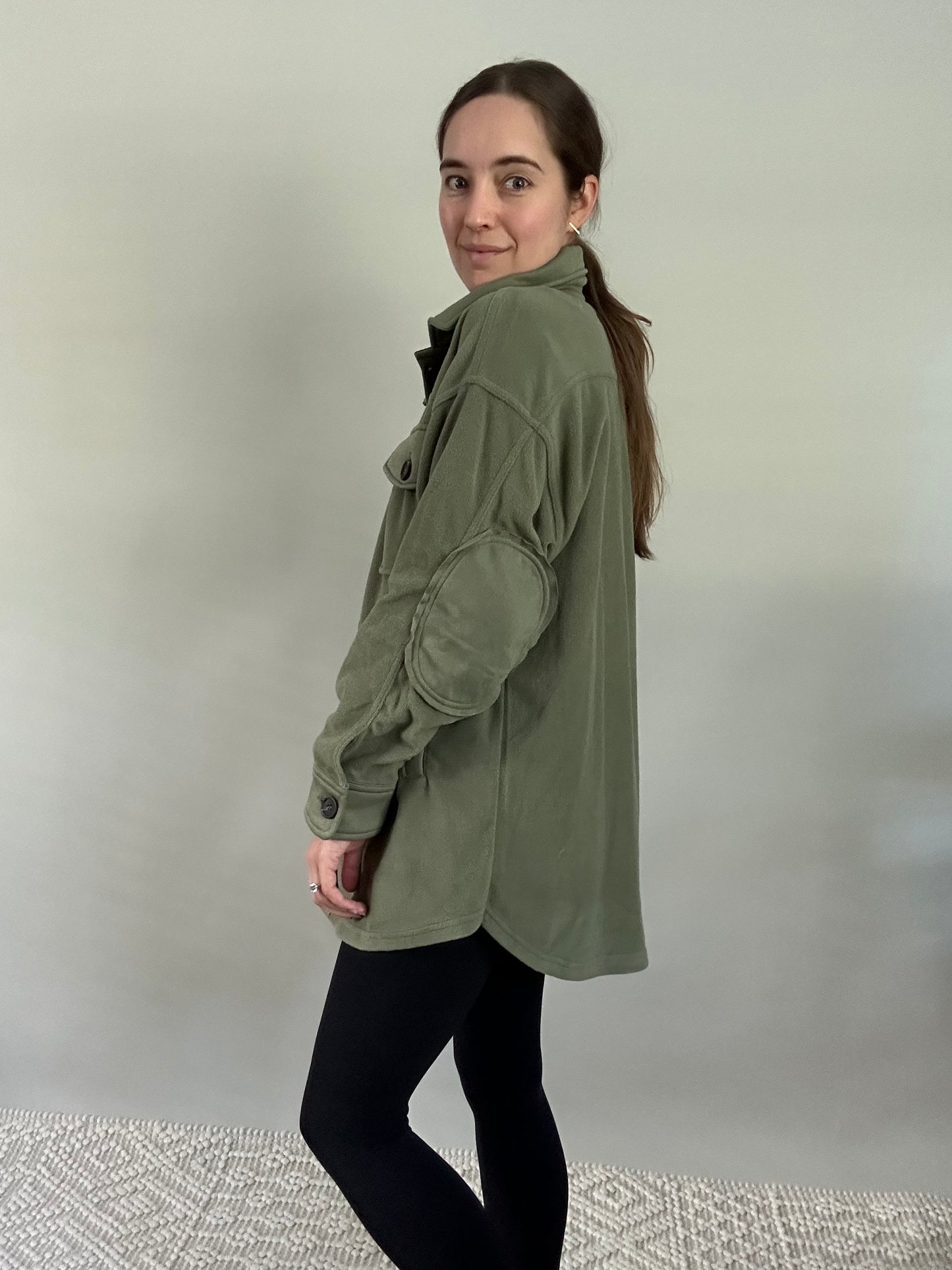 Olive Fleece Shacket with exposed seams
