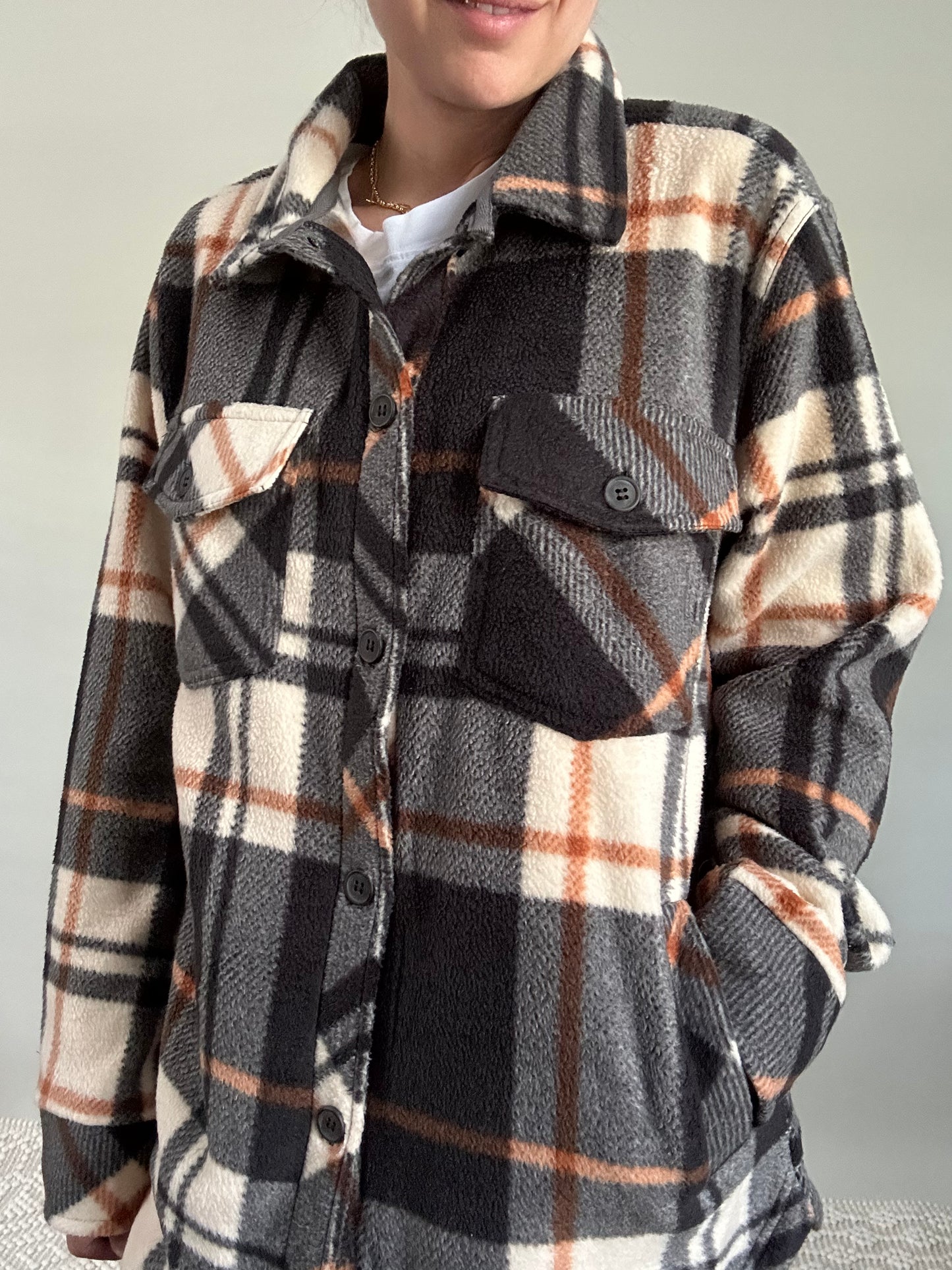 The Easton Shacket - blue and rust plaid fleece shacket with pockets