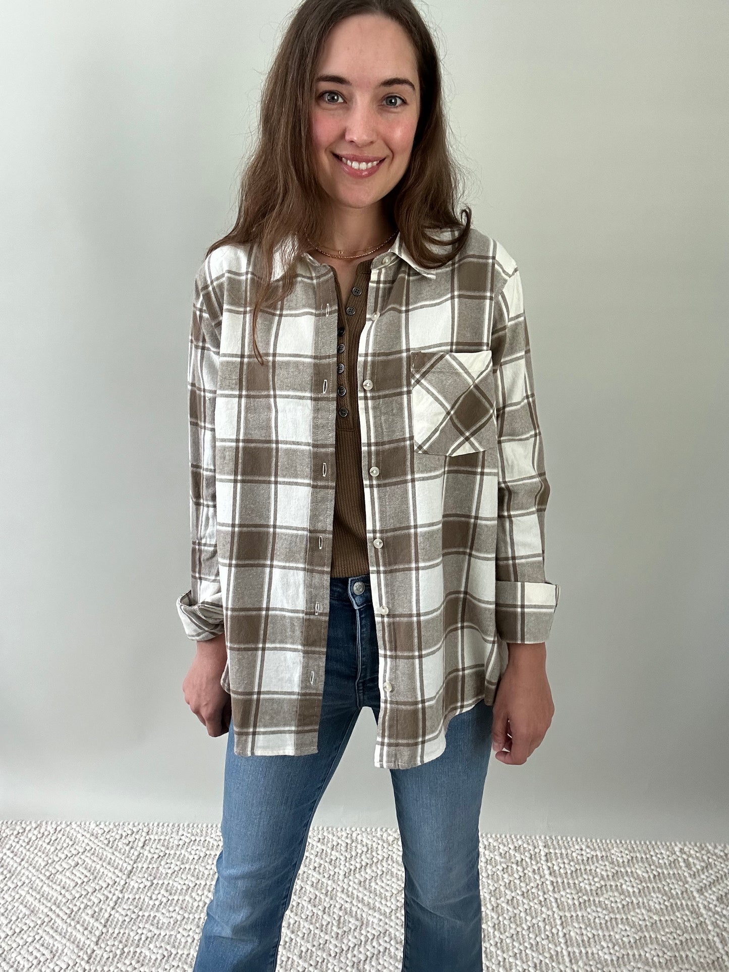 The Addison Flannel. olive/taupe plaid flannel.