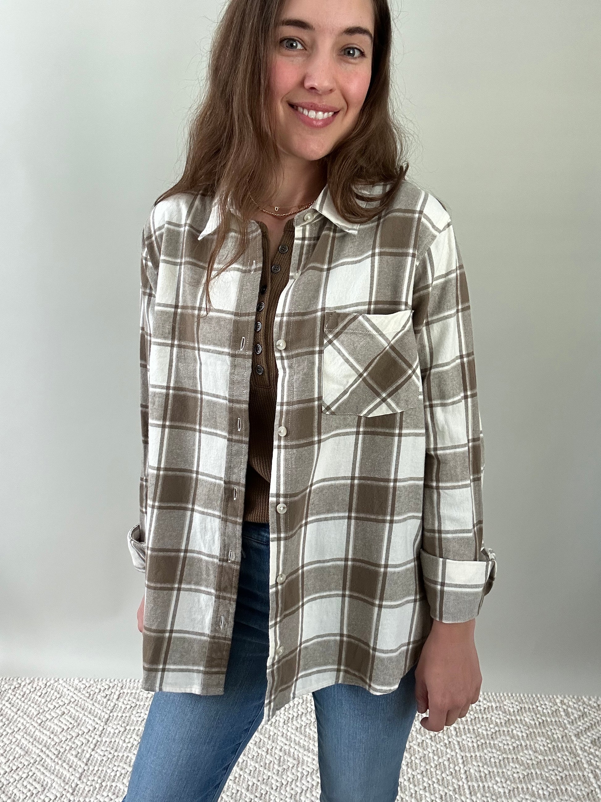 The Addison Flannel. olive/taupe plaid flannel.