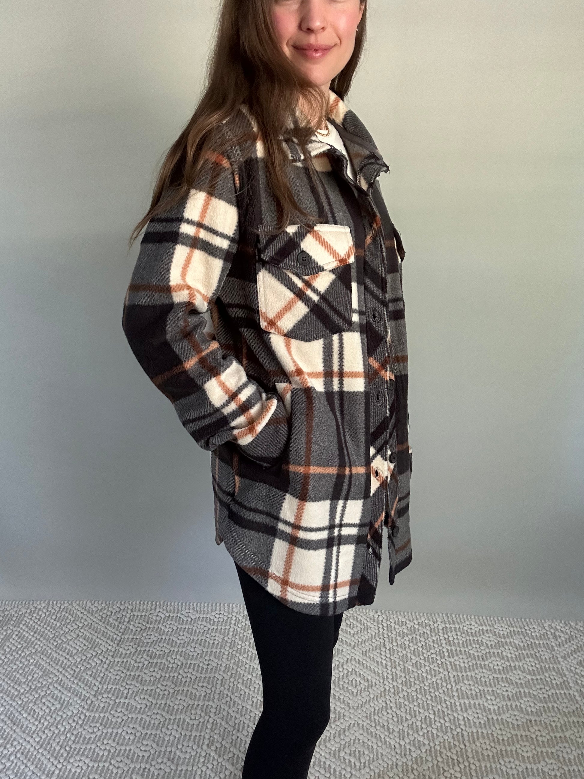 The Easton Shacket - blue and rust plaid fleece shacket with pockets